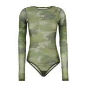 Palm Angels Tryckt Tulle Bodysuit Green, Dam