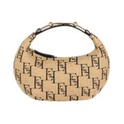 Elisabetta Franchi Liten Hobo-väska i Jacquard Raffia Beige, Dam