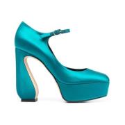 Sergio Rossi Teal Blå Satin Platform Pumps Blue, Dam