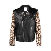 Moschino Leopardmönstrad Läderbikerjacka Black, Herr