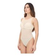 Elisabetta Franchi Gul Jacquard Ärmlös Body med Rombmönster Beige, Dam