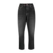 Brunello Cucinelli Hög Midja Raka Jeans i Kolgrått Black, Dam