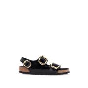 Birkenstock Svarta Lädersandaler med Stora Spännen Black, Dam