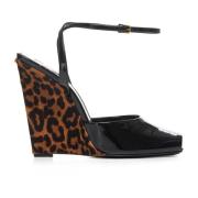 Saint Laurent Leopardmönstrade Kilklack Sandaler Black, Dam