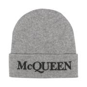 Alexander McQueen Grå Cashmere Beanie Mössa Broderad Logo Gray, Herr