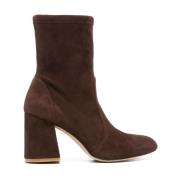 Stuart Weitzman Brun Mocka Ankelboots Flareblock Brown, Dam