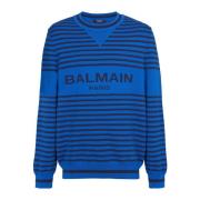 Balmain Randig ull och linne crewneck Blue, Herr