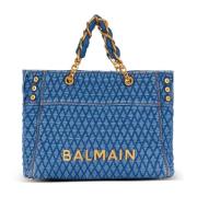 Balmain 1945 Mjuk toteväska i diamantquiltad denim Blue, Dam