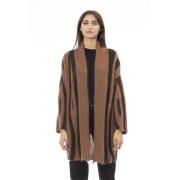 Alpha Studio Lång Cardigan med Fina Ribbmuddar Brown, Dam