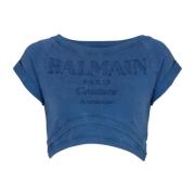 Balmain Beskuren Couture-broderad T-shirt Blue, Dam