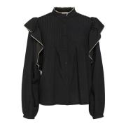 Cream Pitch Black Feminin Skjorta med Volanger Black, Dam