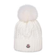 Moncler Kabelstickad Pom Pom Beanie Mössa White, Dam