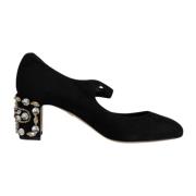 Dolce & Gabbana Kristallutsmyckade Svarta Mocka Mary Janes Black, Dam