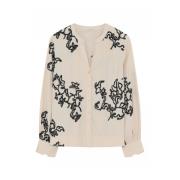 Gustav Broderad skjortblus med V-ringning Beige, Dam