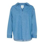 Part Two Oversized Denim Blus med V-Hals Blue, Dam