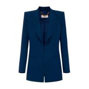 Elisabetta Franchi Satin Jacquard Blazer med Strukturerade axlar Blue,...