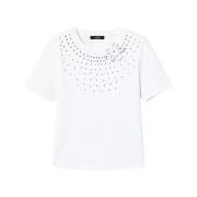 Twinset Vanlig T-shirt med Strass och Blomma White, Dam