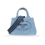 Prada Tyg Axelväska med Läderdetaljer Blue, Dam