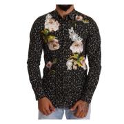 Dolce & Gabbana Svart Blommig Broderad Bomullsskjorta Black, Herr