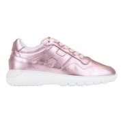 Hogan Laminerade lädersneakers med snörning Pink, Dam