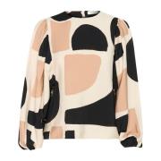 InWear Blus med Puffärmar i Neutrala Mjuka Block Multicolor, Dam