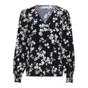 Kaffe Marine Flower Blus Snygg V-Ringning Black, Dam