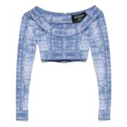 Balmain Denim Effekt Långärmad Topp med Logo Blue, Dam