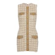 Balmain Ärmelös Tweed Kort Klänning Beige, Dam