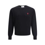 Ami Paris Räfflad Crew Neck Ulltröja med Logotyp Black, Herr