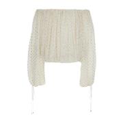 Chloé Off Shoulder Ruffle Polka Dot Top White, Dam