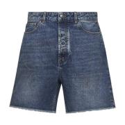 Palm Angels Blå Slitna Denim Shorts med Logo Blue, Herr