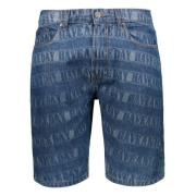 MARKET Denim Bermuda Shorts med Logo Print Blue, Herr