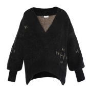 HÉST V-Neck Sweater Heavy Knitwear Tops Black, Dam