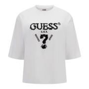 Guess Avslappnad passform paljettlogo tee White, Dam