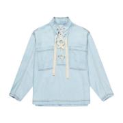 Munthe Denim Skjortblus med Slipsdetalj Blue, Dam