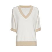 Marie Méro Elegant V-ringad Pullover med Kontrastdetaljer Beige, Dam