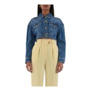 Elisabetta Franchi Beskuren denimjacka med tobaksstygn Blue, Dam