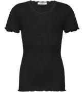 Rosemunde T-shirt - Rib - Vit - Svart m. Spetsar