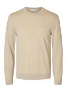 Slhtray Ls Knit Merino Crew Neck Noos Beige Selected Homme