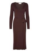 Fine Knit Rib Wrap Midi Dress Brown Davida Cashmere