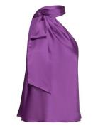 Charmeuse Tie-Neck Halter Blouse Tops Blouses Sleeveless Purple Lauren...