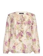 Floral Ruffle-Trim Georgette Blouse Tops Blouses Long-sleeved Cream La...