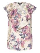 Floral Linen Flutter-Sleeve Shirt Tops Blouses Sleeveless Pink Lauren ...