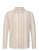 Knowledge Cotton Apparel Loose Jacquard Woven Striped Shirt Beige