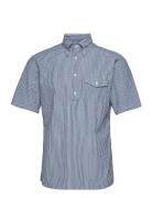 Eton Navy Striped Seersucker Short Sleeve Popover Shirt Blå