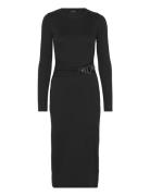 Buckle-Trim Cotton-Blend Knit Midi Dress Knälång Klänning Black Lauren...