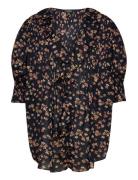 Lauren Women Floral Cotton Voile Puff-Sleeve Blouse Svart