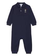 Polo Bear Cotton Mesh Polo Coverall Långärmad Bodysuit Navy Ralph Laur...