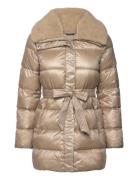 Lauren Ralph Lauren Faux-Shearling-Trim Belted Down Coat Beige