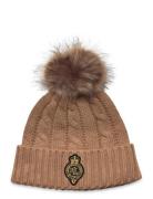 Lauren Ralph Lauren Crest-Patch Pom-Pom Cable-Knit Beanie Beige